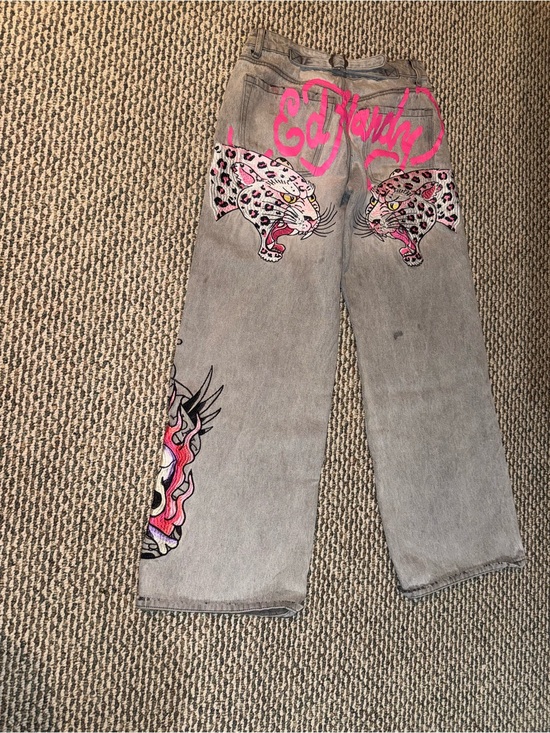 Ed Hardy Denim - Ed Hardy Women's Gray Jeans with Pink Graphic Leopards SIZE 26 ADJUSTABLE WAIST